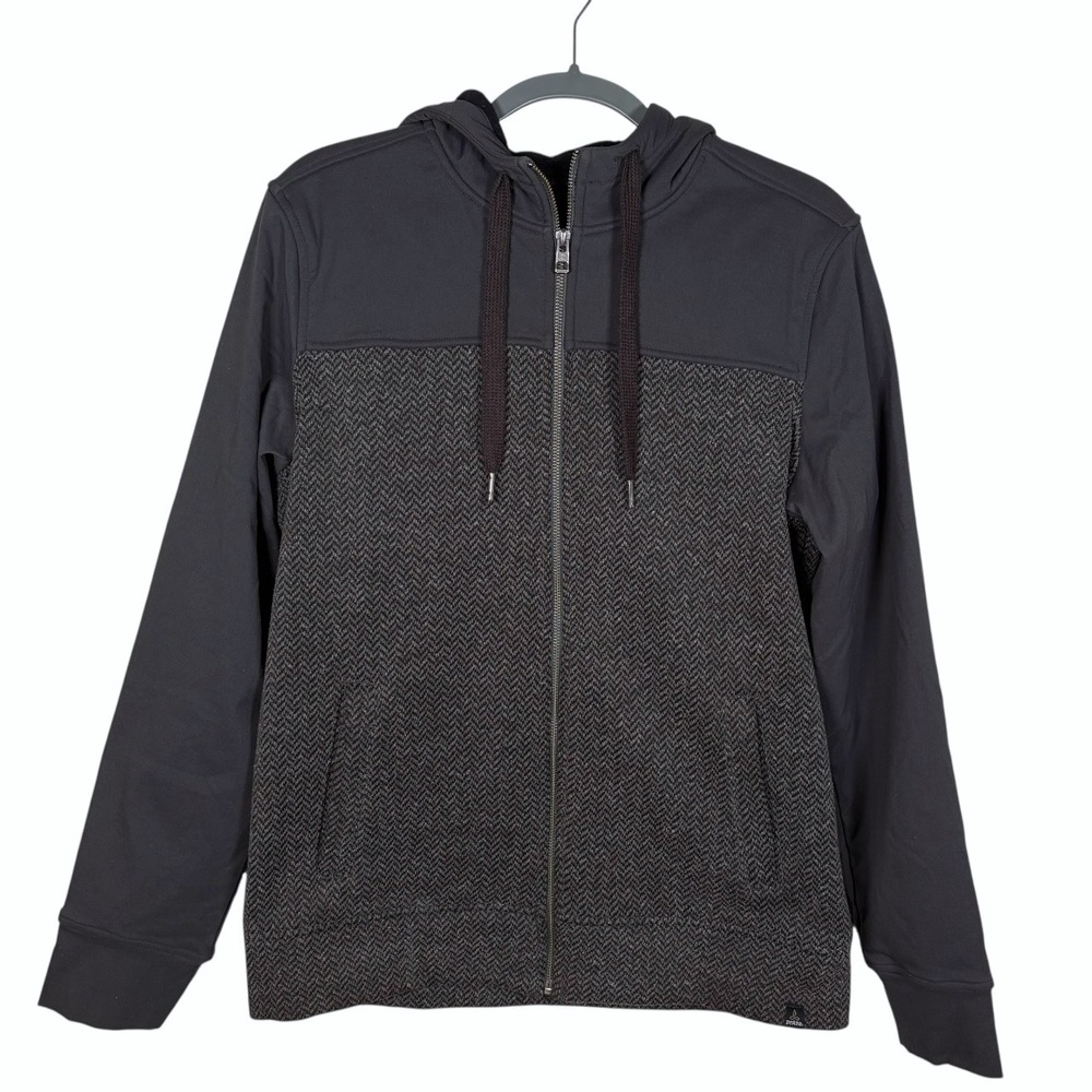 prAna Zion Hoodie‎ Mens M Charcoal Herringbone Full Zip Fleece Lined Stretch